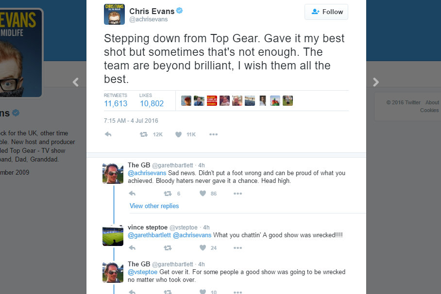 ההודעה של אוונס בטוויטר.